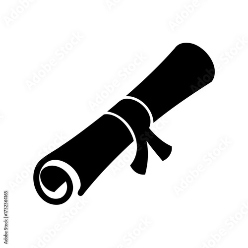 Black silhouette graphic representing diploma or certificate scroll bound with ribbon