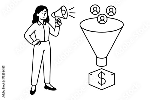 Marketing sales funnel, lead generation concept. Businesswoman with megaphone attracts customers. Customer acquisition, conversion rate optimization for profit, sales process vector.