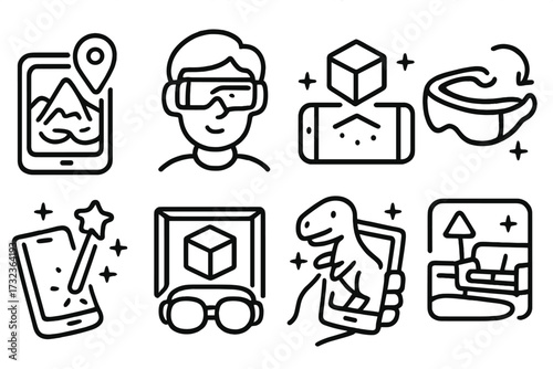 Augmented reality and virtual reality line icon set. AR VR technology concept. Digital content for mobile app. Metaverse, gaming, navigation and 3d modeling vector illustration.