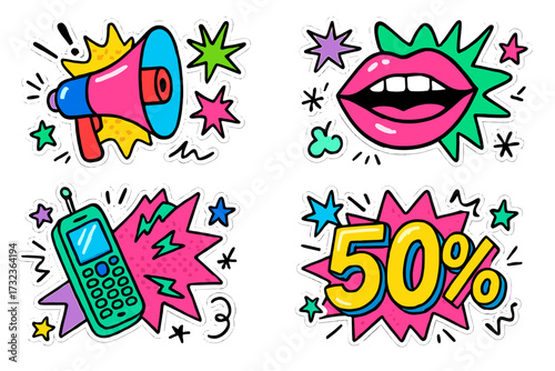 Retro discounts collage in Y2K style. Set of doodle and halftone stickers for sale banners. Stylish 90s advertising design with mouth, cellphone, megaphone and 50 percent.