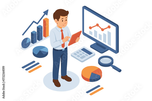 Data analysis isometric concept. Businessman analyst character with tablet studies financial statistics, graphs. Business intelligence, marketing research, audit vector illustration.