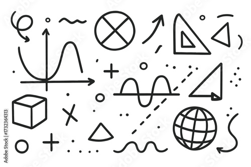 Math and science doodle icon set. Hand drawn vector illustration of geometry, algebra, physics symbols. Education background, scientific research, data analysis concept.