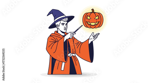 Magical Halloween Wizard: A whimsical illustration of a wizard conjuring a grinning jack-o'-lantern with a wave of his magic wand, with the scene filled with halloween spirit and mystical allure.