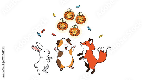 Festive Gathering: Adorable animals, a rabbit, a guinea pig, and a fox, are delightfully surprised by a cascade of Halloween treats, a jovial scene.