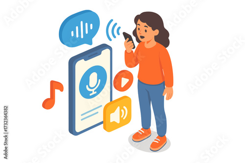 Isometric illustration of a woman using a voice assistant on a smartphone. Concept for voice recognition, audio messaging, podcasting, music streaming and mobile technology.
