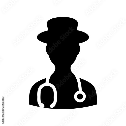 Black silhouette of doctor wearing top hat and stethoscope around neck