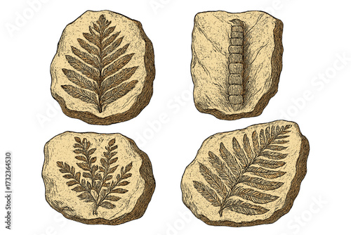 Prehistoric plant fossils set. Ancient fern flora, calamite stem print in rock. Paleontology vector illustration collection in vintage engraving style. Archeology concept.