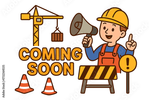 Coming soon announcement. Under construction page. Cartoon worker with megaphone. Website launch. New business opening. Grand opening promotion. Pre-launch marketing vector concept.