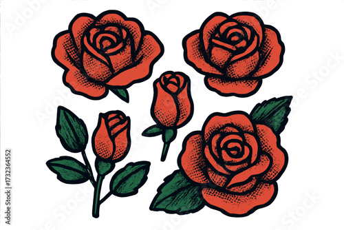 Set of retro roses with halftone texture. Old school tattoo style vector illustration. Collection of red flower blossoms and buds for stickers, prints or graphic design elements.