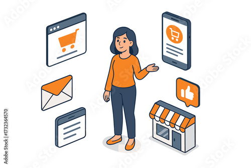 Omnichannel customer experience and personalization. Woman interacting with multiple retail channels. E-commerce website, mobile app, email marketing, social media, and physical store.