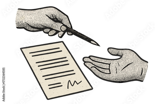 Hand signing contract document illustration. Business agreement, deal, and partnership concept. Legal signature on paper for commitment and closing a transaction. Vector art.