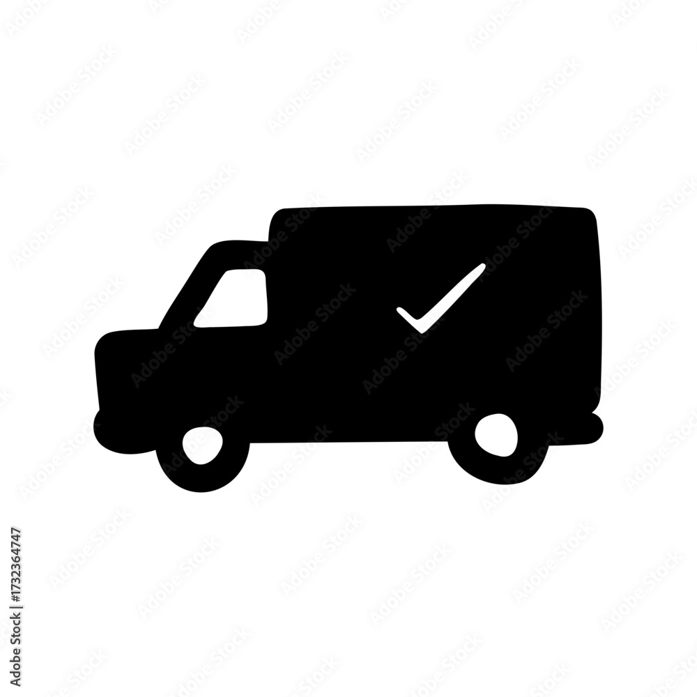 Fototapeta premium Black silhouette of a delivery van with a checkmark illustrating successful delivery