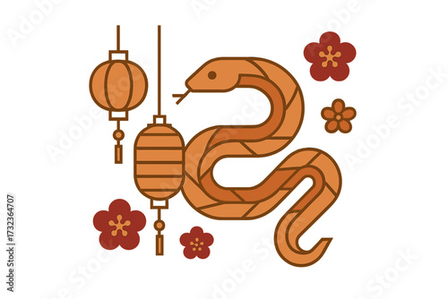 Chinese New Year 2026 greeting card. Year of the Snake zodiac symbol. Modern geometric snake with oriental lanterns and flowers. Vector illustration for lunar new year celebration.
