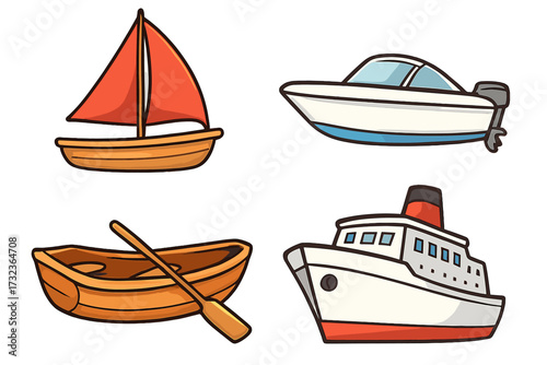 Boat and ship cartoon vector icon set. Collection of various water transport illustrations. Includes sailboat, speedboat, cruise ship, and wooden rowboat with paddle.