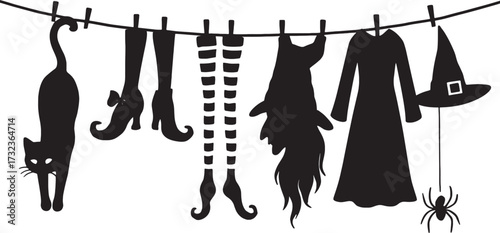 Witch Clothesline Silhouette with Cat and Spider Hat
