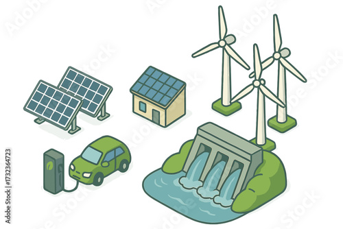 Renewable energy isometric illustration set. Green power sources like solar panels, wind turbines, hydroelectric dam. Sustainable technology concept with electric car charging.