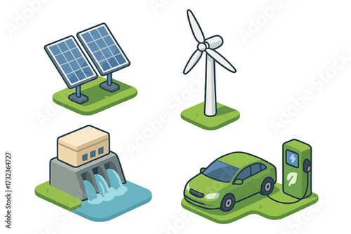 Renewable energy isometric icon set. Green technology concept with solar panels, wind turbine, hydroelectric dam, and electric car charging. Sustainable power generation vector.