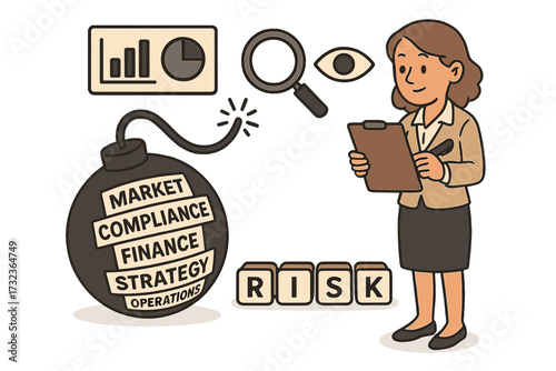 Risk management concept. Businesswoman analyzing bomb metaphor for market, finance, compliance, strategy, operations threats. Business crisis analysis and risk assessment.