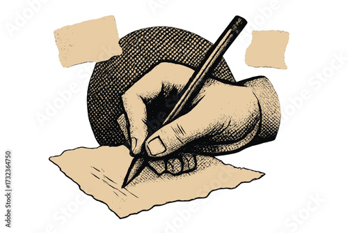 Hand writing with a pencil on torn paper. Vintage vector illustration concept. Retro halftone collage design element. Author signing document, note or letter. Isolated artwork.