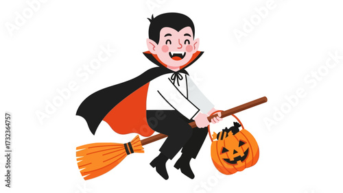 Smiling Vampire Riding Broomstick: A cheerful vampire in a cape joyfully rides a broom, clutching a pumpkin basket, the embodiment of Halloween fun. 