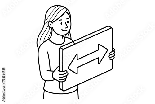 Scalability metaphor with woman holding two-headed arrow sign. Concept for flexible, adaptable business models, technology growth, expansion, and strategic choices. Linear vector.