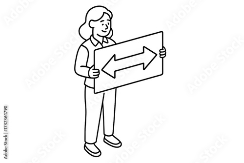 Concept of business scalability and flexibility. Woman holding banner with double arrow. Choice, direction, adaptability, growth, change, strategy. Two ways. Isometric vector.
