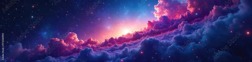 Naklejka premium Vast, swirling nebulae painted across a deep azure sky, cosmic dust and gas illuminated by distant stars A celestial masterpiece of vibrant color and ethereal beauty , radiation, formation