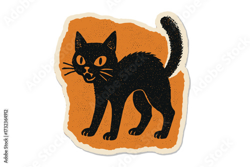 Vintage black cat Halloween illustration. Retro paper cutout collage with halftone texture. Spooky, scared feline character for 90s zine style art, sticker design, witchcraft.