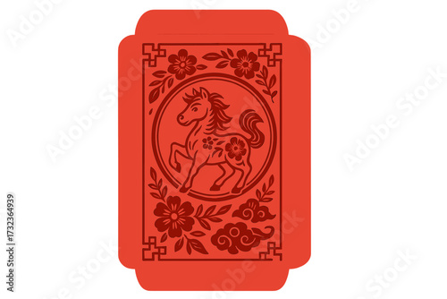 Chinese New Year 2026 Year of the Horse red packet vector template. Lucky money pocket in paper cut or laser cut style. Asian lunar new year zodiac animal with floral pattern.