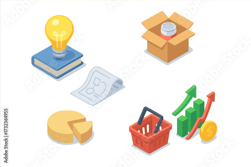Isometric business process from idea to profit. Product development lifecycle, market research, strategy, production, sales growth and financial success. Startup workflow infographic.