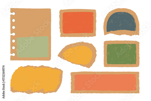 Vintage paper collage set. Torn craft notebook shapes with color pencil texture. Ripped memo pads and abstract elements for scrapbooking, journaling, and zine culture.