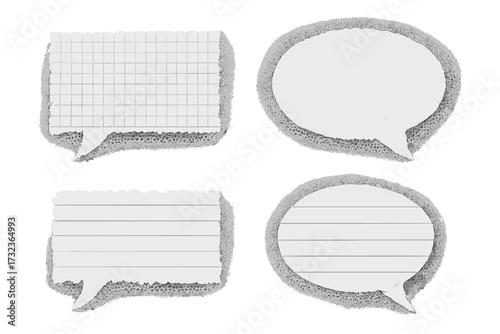 Set of crumpled paper speech bubbles. Torn edge note paper for dialogue. Checkered and lined message balloons. Communication concept template with halftone texture effect.