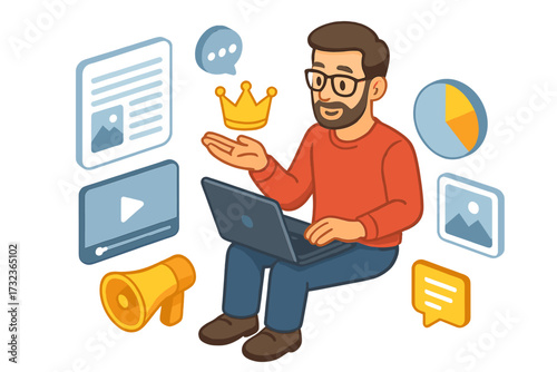 Digital marketing concept isometric illustration. SMM expert with laptop. Content is king metaphor. SEO analytics and promotion strategy. Blogger, copywriter at work. Online business.