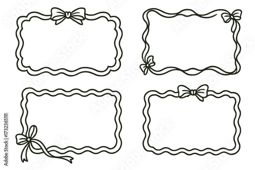 Coquette frames set with bows and ribbons. Girly doodle collection of wavy scallop borders. Romantic vintage aesthetic for cards, labels, or invitations. Cute outline vector.