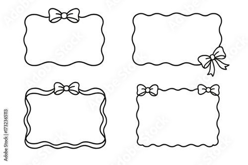Coquette frames set with bows and ribbons. Cute aesthetic wavy line border collection. Hand-drawn doodle for vintage, retro, feminine design. Graphic label, tag, invitation.
