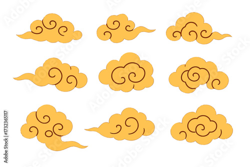 Collection of gold clouds in Chinese style. Japanese traditional decorative elements. Oriental swirl pattern for decoration. Flat hand drawn vector cartoon illustration set.