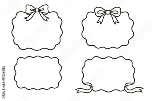 Coquette frames set with bows and ribbons. Collection of retro outline scallop frame borders. Cute wavy border for labels. Girly vintage aesthetic design elements.