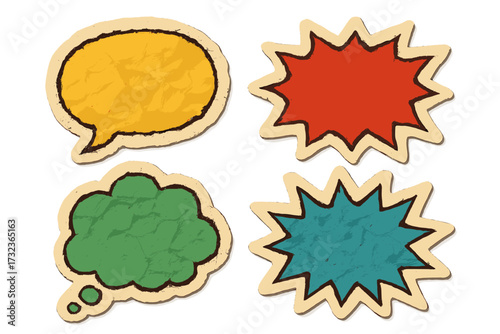 Crumpled paper stickers speech bubble set. Comic retro pop art elements from color torn paper. Vintage icons with wrinkled paper texture. Burst and explosion shapes for text.