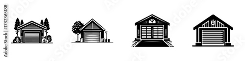 Modern Minimalist Garage with Ornamental Plants Icon, Flat Silhouette of a Decorative Outdoor Vector for Garden Illustration Design