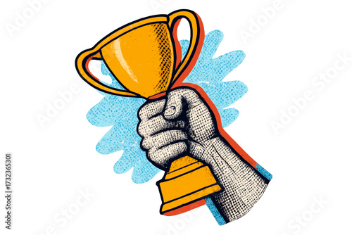 Fist holding trophy cup. Business success, sport victory, and goal achievement concept. Trendy pop art halftone collage style vector for celebrating winning and first place.
