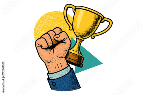 Hand holding trophy award. Business success, sport victory, goal achievement concept. Fist with a gold cup, champion prize. Winner celebration. Retro halftone vector illustration.