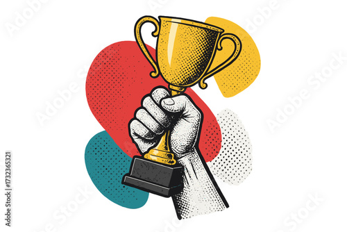Hand holding golden trophy cup. Business success, sport victory, education goal achievement concept. Winner award, first place prize. Trendy retro halftone collage vector illustration.