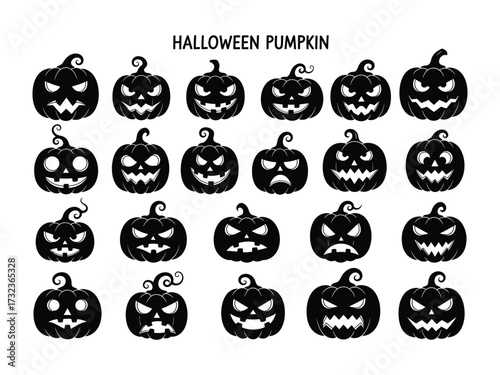 Jack-o'-lanterns: A collection of spooky Jack-o'-lanterns. Displaying diverse expressions from gleeful to ghastly, each pumpkin is ready for Halloween night.