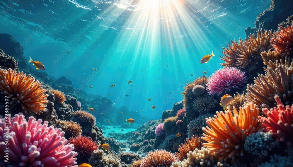 Fototapeta premium Vibrant underwater scene with splashes of color, creating a dynamic and energetic image of life bursting forth Perfect for nature, ocean, and vibrant themes , water, underwater world