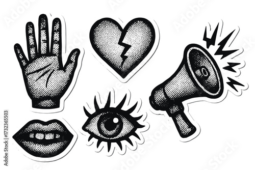 Protest and social issue sticker set. Grunge halftone collage elements. Megaphone for propaganda, broken heart for breakup, eye for surveillance, hand for stop signal.
