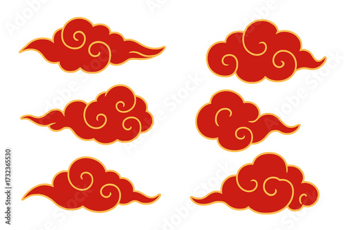 Set of traditional Japanese red clouds with golden contour. Asian, Chinese style ornament decoration element. Oriental wavy, curly sky illustration for pattern and design.