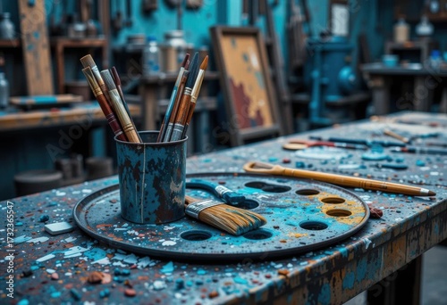 Industrial Aesthetic  Paintbrushes on Metal Palette, Workbench Background, Cool Colors, Gritty Texture