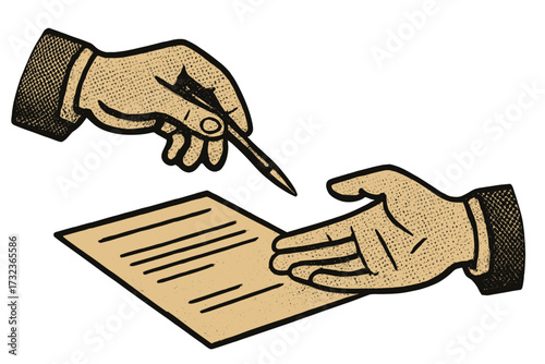 Signing a contract concept. Hand with pen over document. Business deal, agreement, partnership. Sign legal paper, application form. Signature commitment. Halftone collage style.