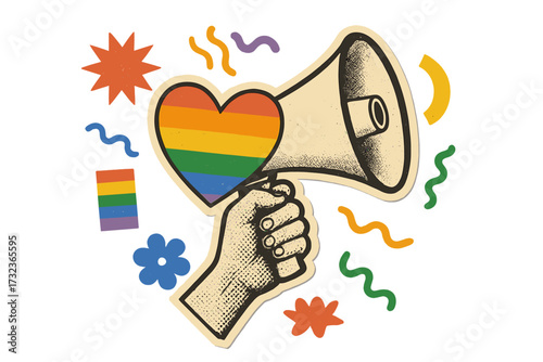 Pride month vector collage. Hand with megaphone and rainbow heart. LGBTQIA+ rights, love and equality celebration. Retro paper cut out illustration for community support.
