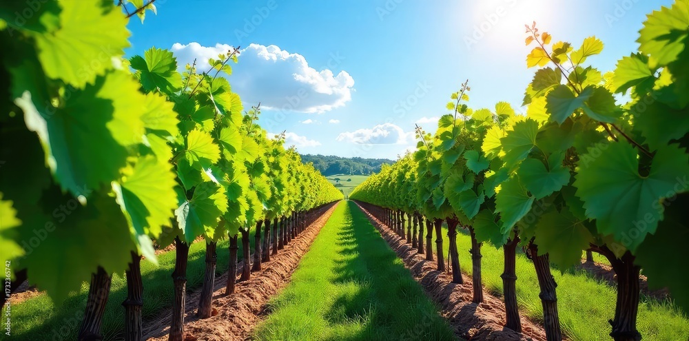 Naklejka premium Sun-Drenched Vineyard Landscape Lush Grapevines Stretching to the Horizon Under a Bright Blue Sky, Ideal for Wine Country Tourism and Label Design